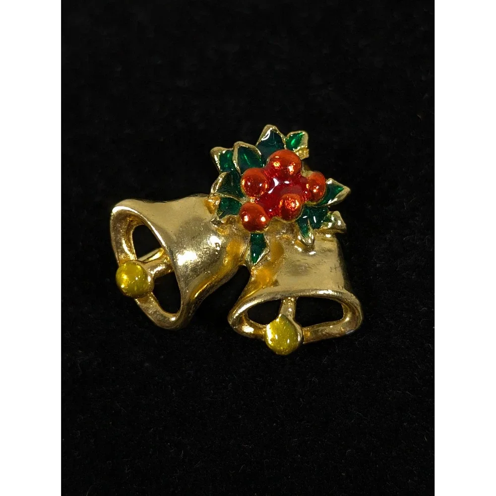 Vintage Double Bell‎ Christmas Brooch Gold Tone Holly Holiday Pin